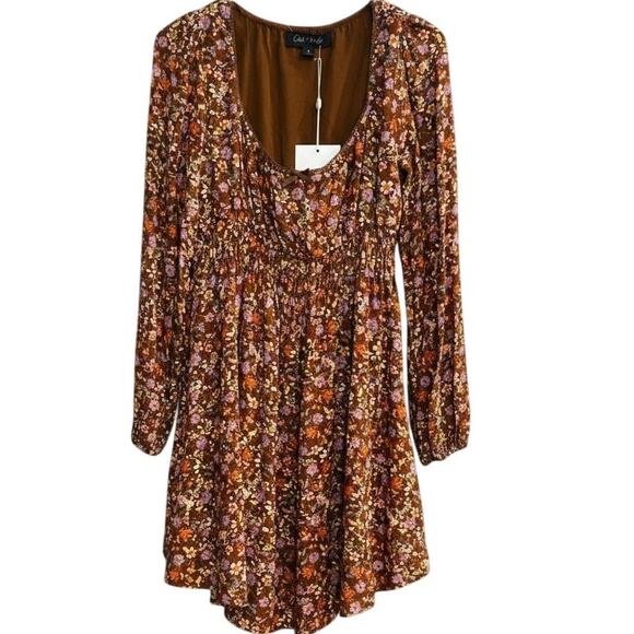NWT Oak & Trellis Brown Floral Mini Dress Women’s Small Long Sleeve Fall Holiday - Picture 2 of 8